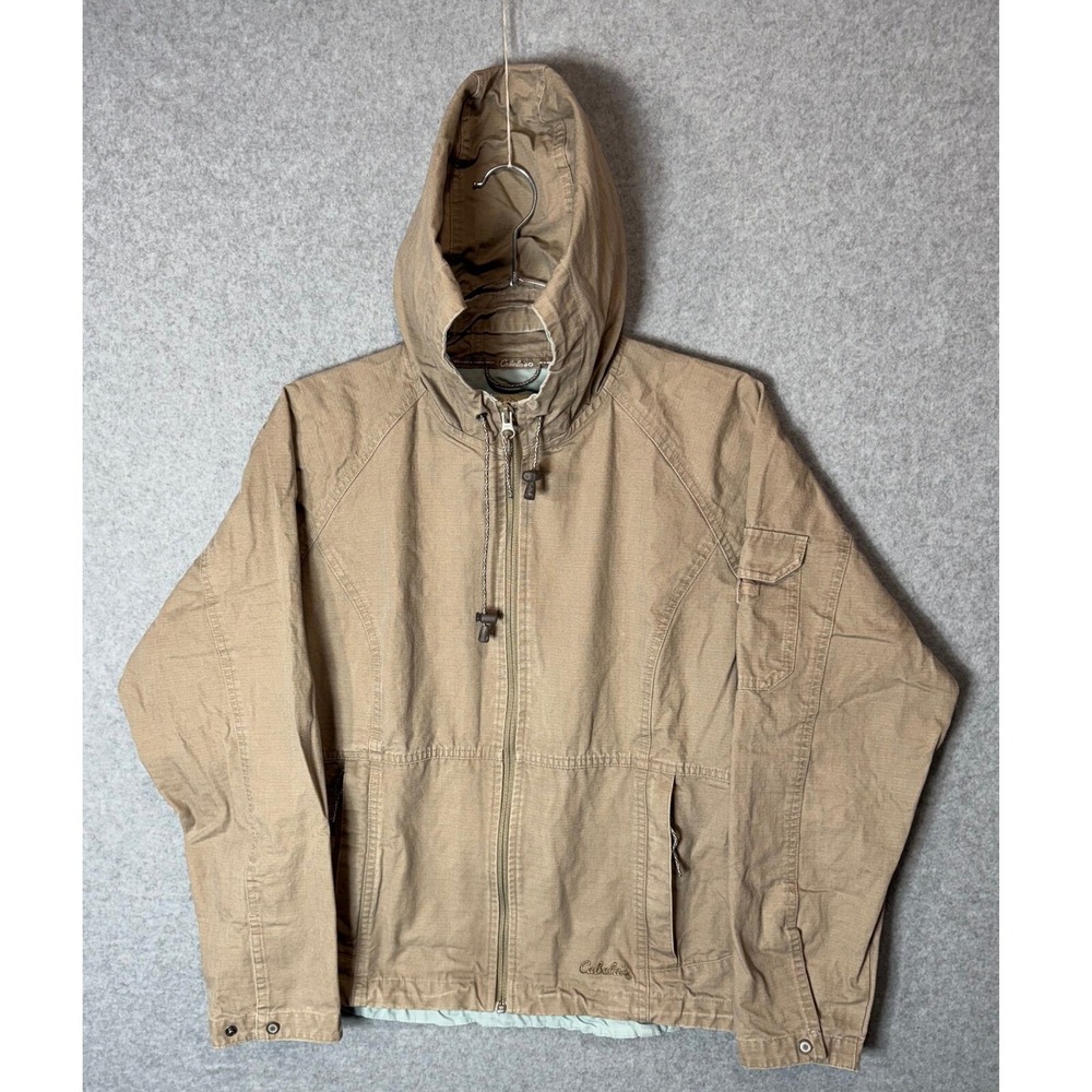 Cabelas Adventure Women's M Cotton Jacket Hooded Tan‎ Zip Front Rip Stop